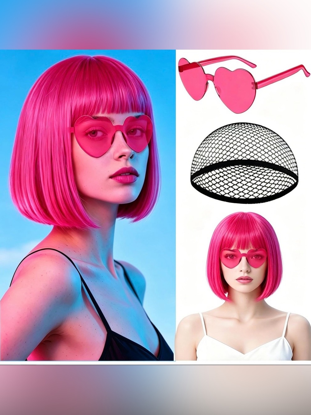 Hot Pink Short Bob Wigs Straight Hair with Flat Bangs Heart Sunglasses for Women